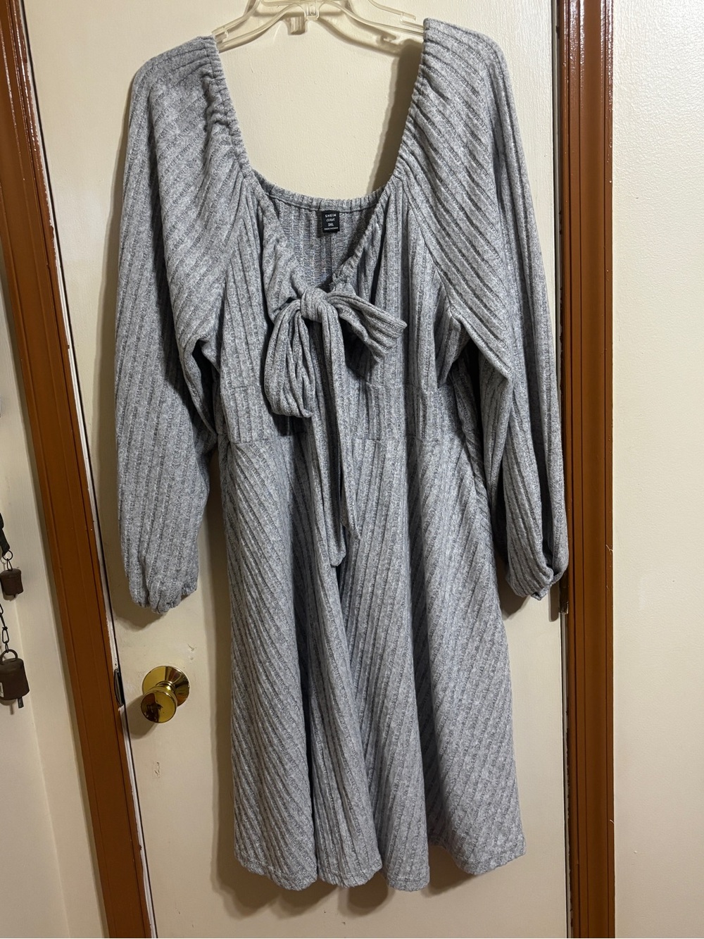 SHEIN Grey Rib-Knit Tie-Front Long Sleeve Dress